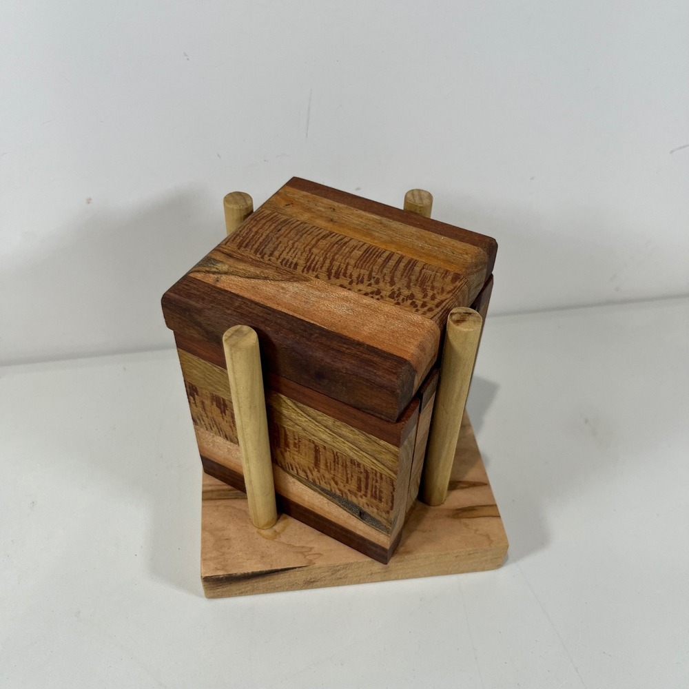 Handmade Wood Coaster Set of 6 Inlaid Mixed Hardwood Holder Rustic Cabin Farm